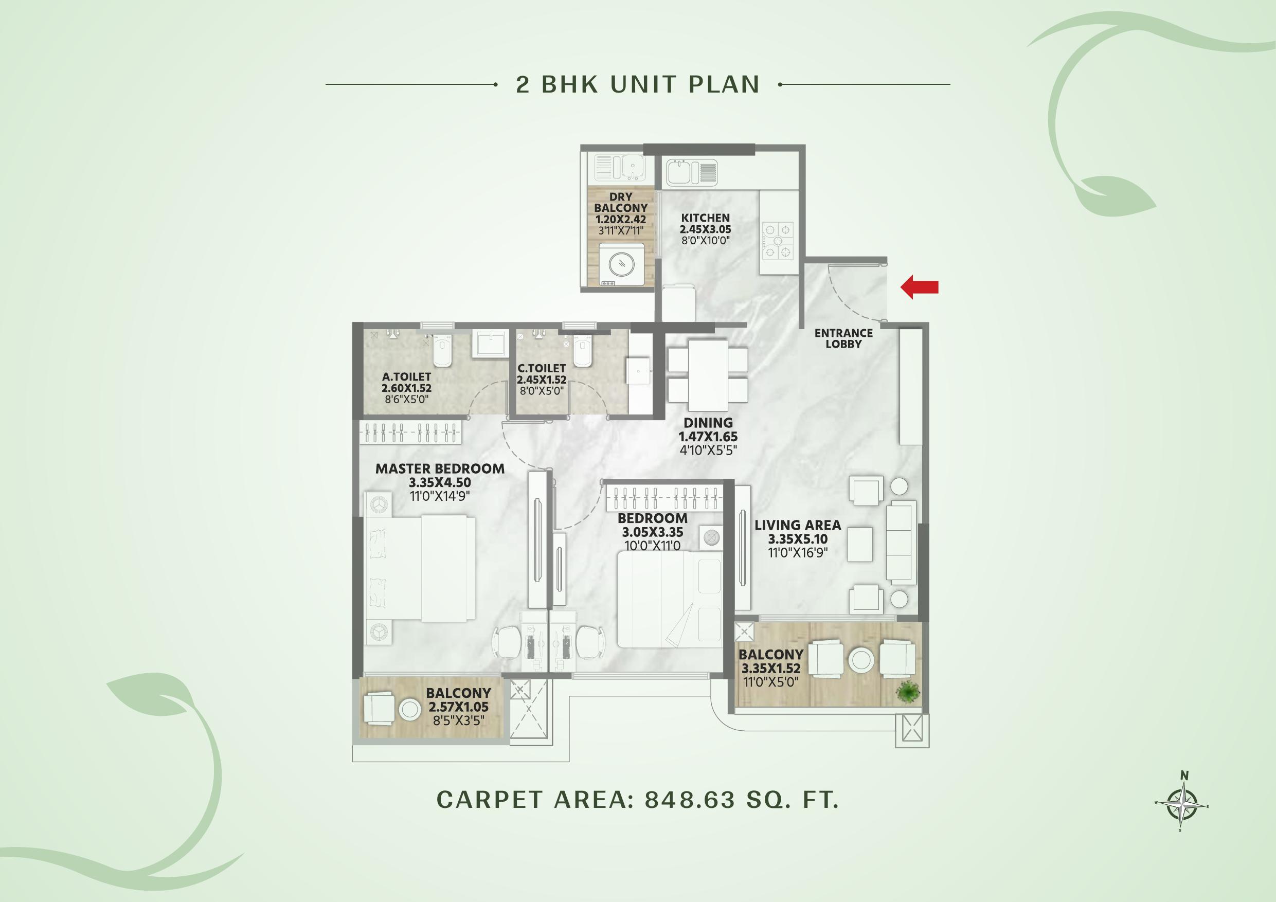 2 BHK apartment floor plan at Codename New Beginnings, Kharadi — carpet area 848.63 sq ft