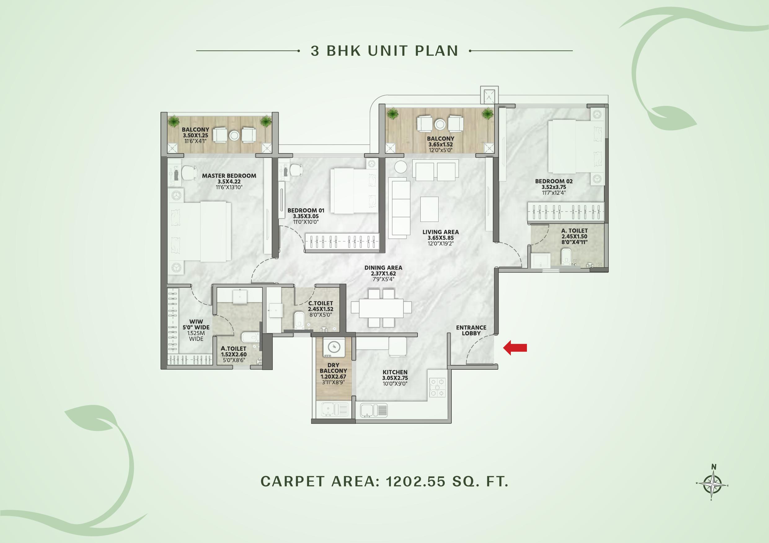 3 BHK apartment floor plan at Codename New Beginnings, Kharadi — carpet area 1202.55 sq ft