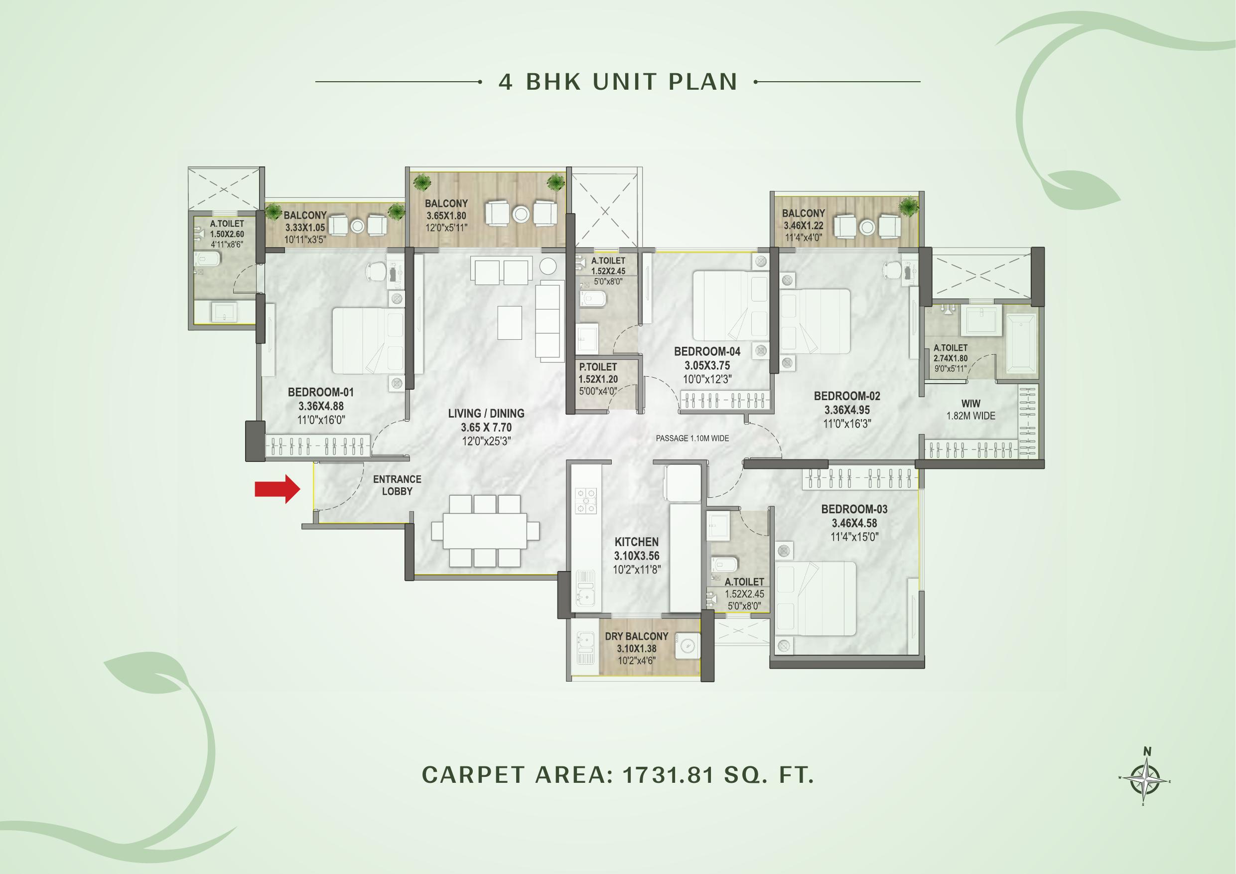 4 BHK apartment floor plan at Codename New Beginnings, Kharadi — carpet area 1731.81 sq ft